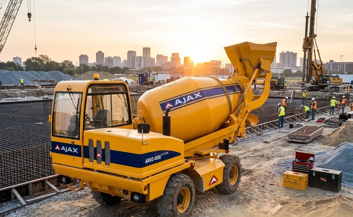 Ajax Argo 4500 self-loading concrete mixer at a city construction site