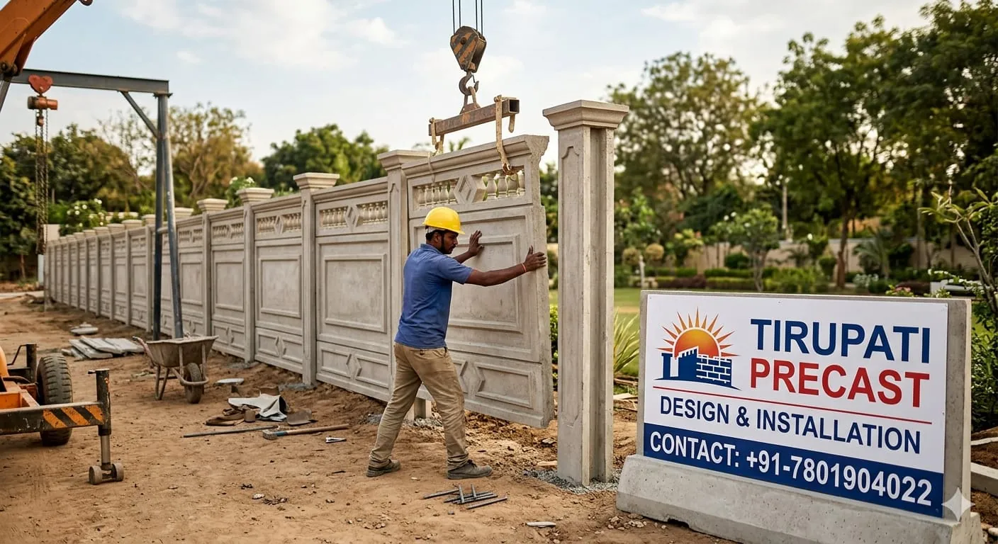 Designer precast compound wall panel being installed