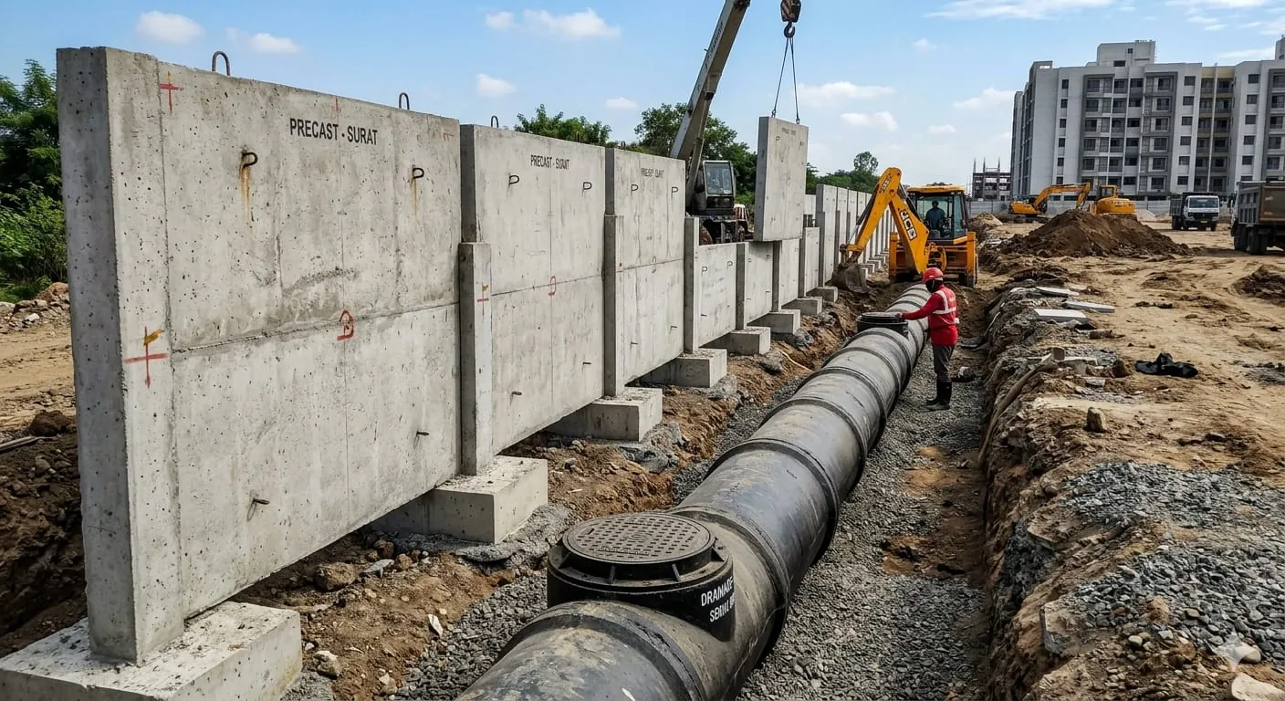 Precast wall and drain line on site